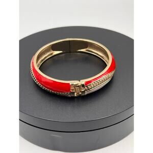 Kirks Folly Signed Red Cream Enamel Rhinestone Hinged Bangle Bracelet